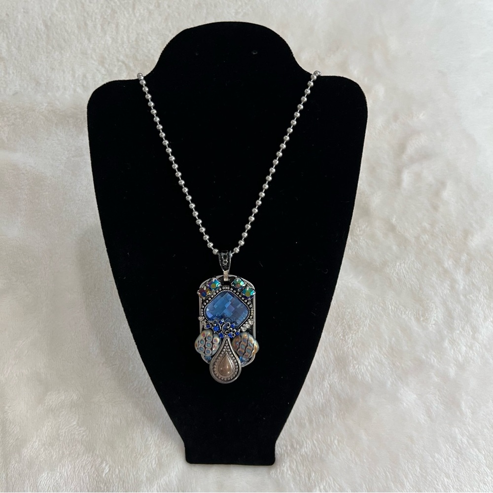 Vintage Embellished Dog Tag Necklace Slammy Tags USA One Of A Kind Handmade Blue